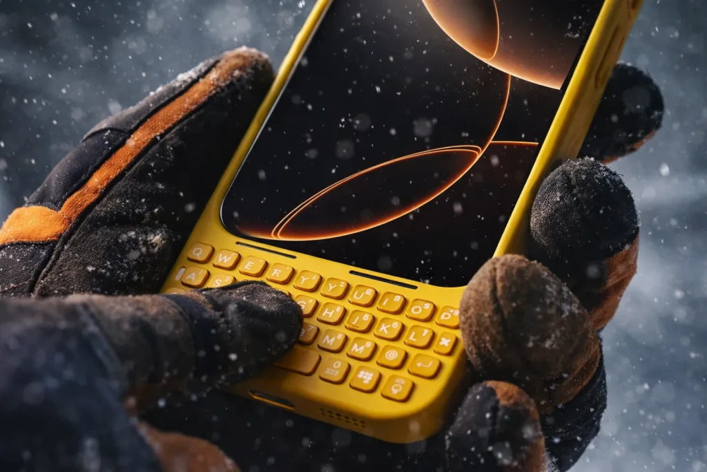 iPhone 17 Pro Max con cover tastiera fisica Clicks usato con guanti da sci.