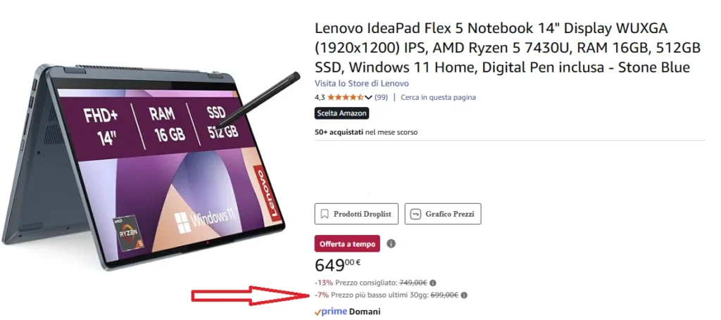 Grafico prodotto Amazon "prezzo pi&ugrave; basso ultimi 30gg"