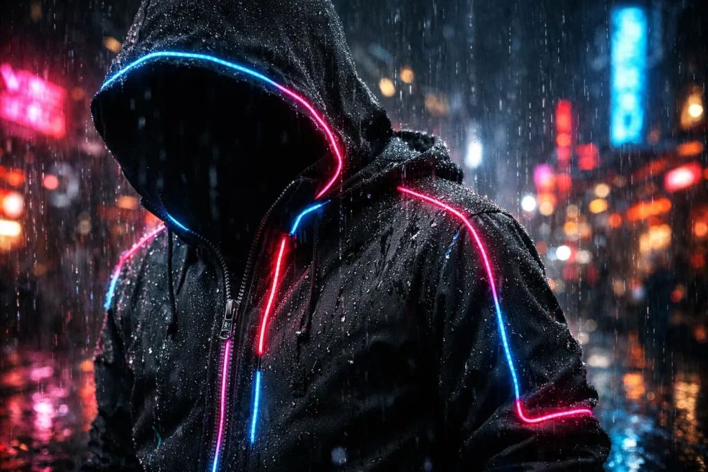 Carnevale 2026: 12 Gadget Tech per Feste e Sfilate (Luci, Audio e Idee Wow) 🎭✨ 2 Dettaglio di costume Cyberpunk fai-da-te con fili luminosi EL Wire colorati al buio.