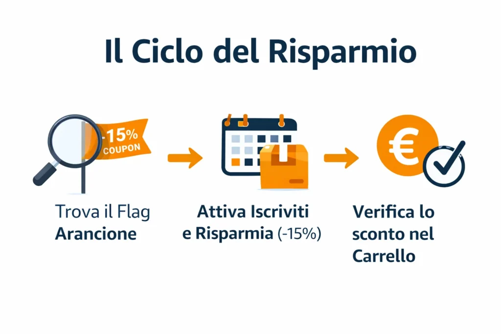 Coupon Amazon "Nascosti" e Sconti al Checkout: La Guida Pratica per pagare meno (Guida 2026) 3 Infografica Il Ciclo del Risparmio