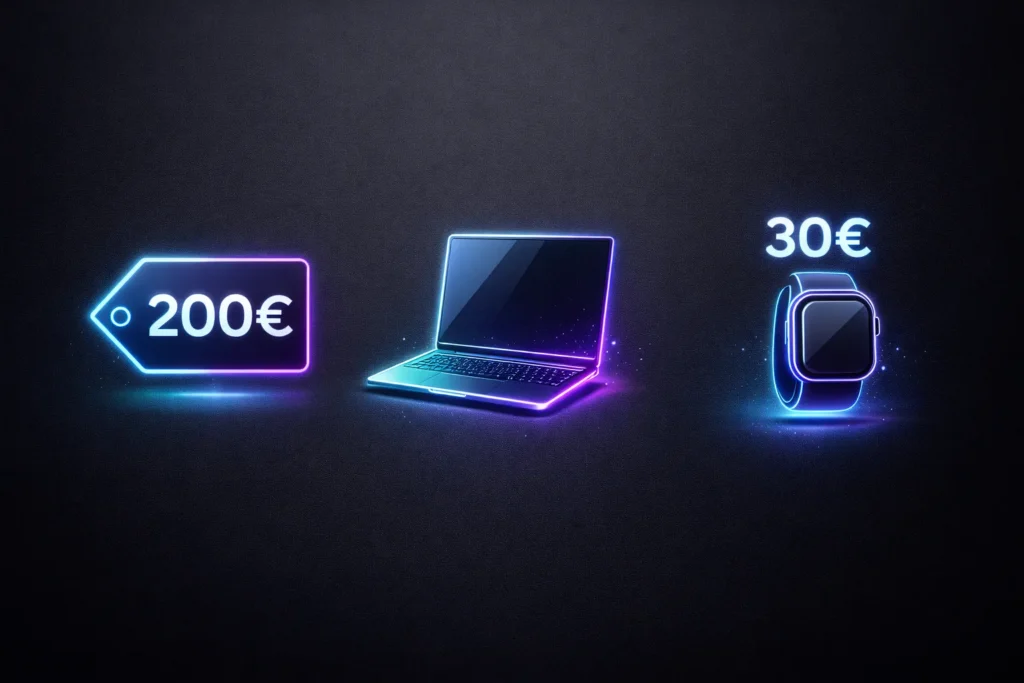 Infografica scomposizione bonus pre-ordine Samsung: 200&euro; trade-in, 30&euro; voucher e Galaxy Book5 in regalo.