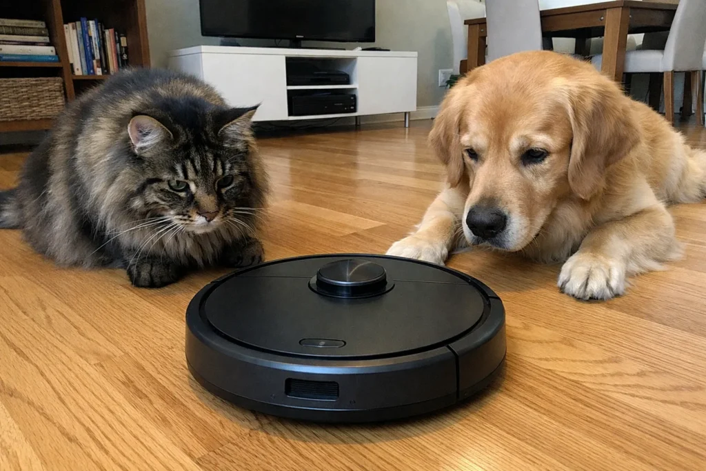 Il miglior robot aspirapolvere per chi ha animali (Il segreto hardware che i grandi brand non ti dicono) 1 Gatto e cane osservano aspirapolvere