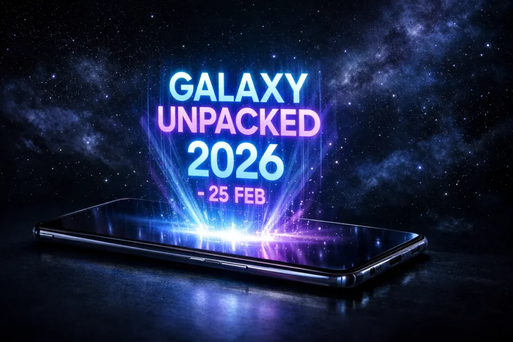 Ologramma futuristico Galaxy Unpacked 2026 in uscita da uno smartphone con sfondo spaziale.