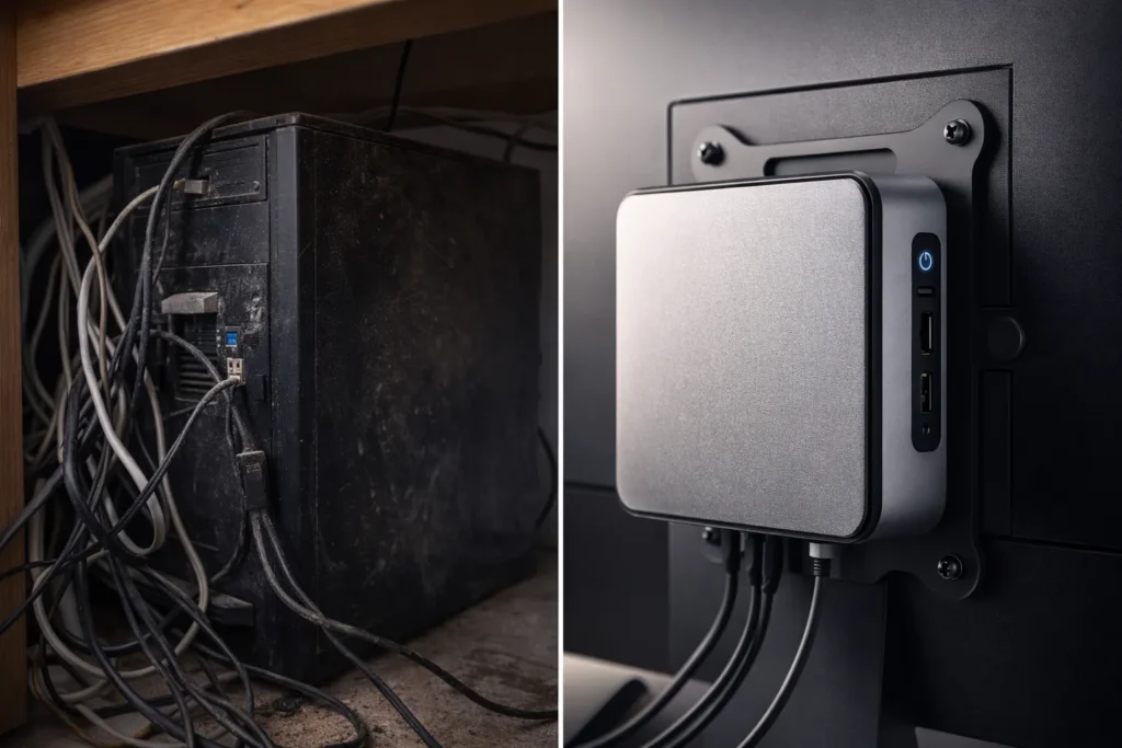 Scrivania libera e zero rallentamenti: Il miglior mini pc per ufficio (Il segreto dell'attacco invisibile) 2 PC fisso rumoroso vs Mini PC silenzioso VESA