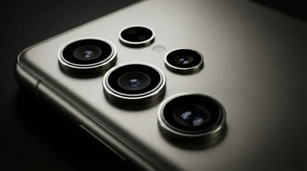 Primo piano del nuovo modulo fotocamere in titanio del Samsung Galaxy S26 Ultra.