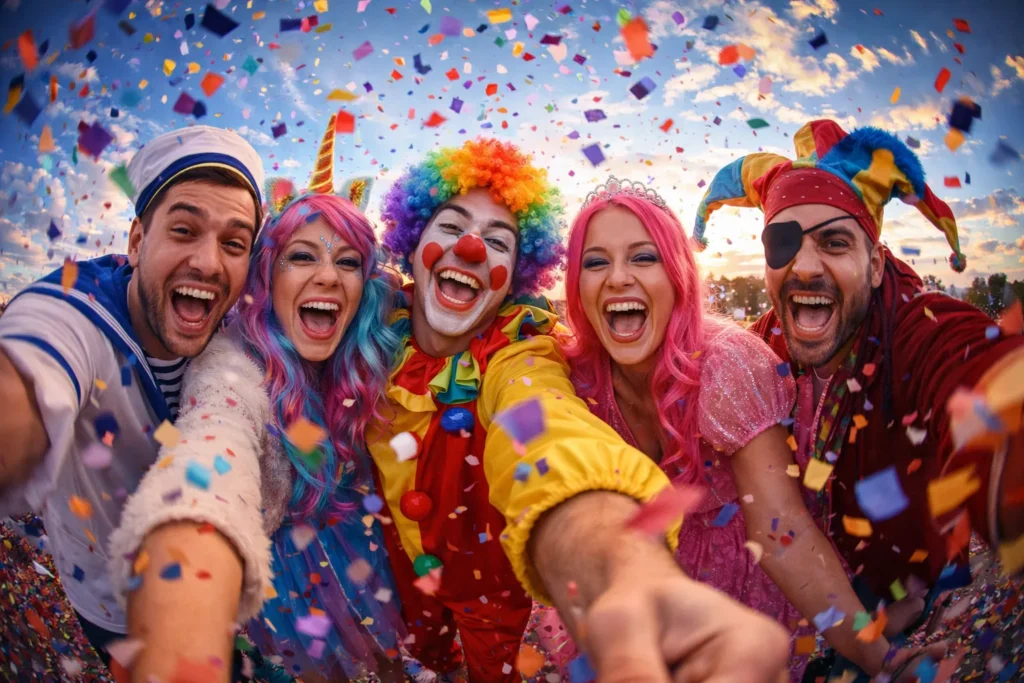 Carnevale 2026: 12 Gadget Tech per Feste e Sfilate (Luci, Audio e Idee Wow) 🎭✨ 4 Ripresa grandangolare fisheye di un gruppo di amici in maschera sotto una pioggia di coriandoli.