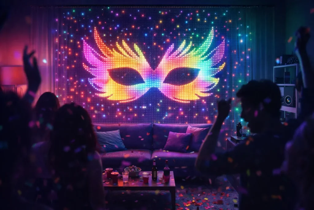Carnevale 2026: 12 Gadget Tech per Feste e Sfilate (Luci, Audio e Idee Wow) 🎭✨ 5 Salotto decorato per festa di Carnevale con tenda di luci LED smart che proietta una maschera pixelata sulla parete.
