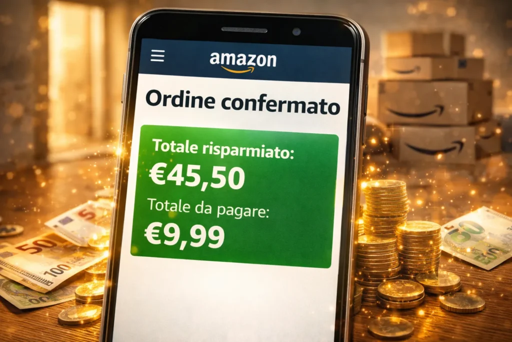 Coupon Amazon "Nascosti" e Sconti al Checkout: La Guida Pratica per pagare meno (Guida 2026) 5 Schermata di conferma ordine Amazon che mostra un grande risparmio ottenuto tramite coupon e sconti, con monete e banconote euro intorno allo smartphone.