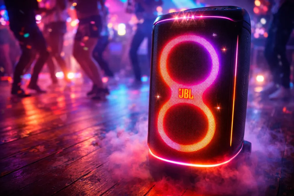 Carnevale 2026: 12 Gadget Tech per Feste e Sfilate (Luci, Audio e Idee Wow) 🎭✨ 3 Speaker JBL PartyBox illuminato in una stanza buia con gente che balla e fumo scenico.