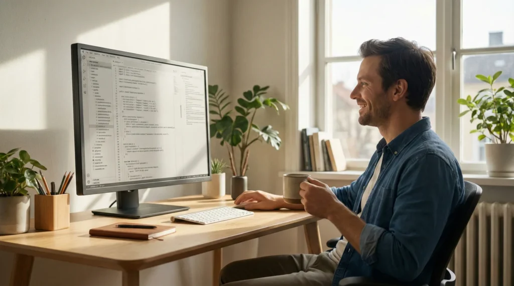 Mal di testa da PC? Il miglior monitor per chi ha problemi di vista (Il segreto della "Luce Invisibile") 4 programmatore professionista rilassato seduto a una scrivania