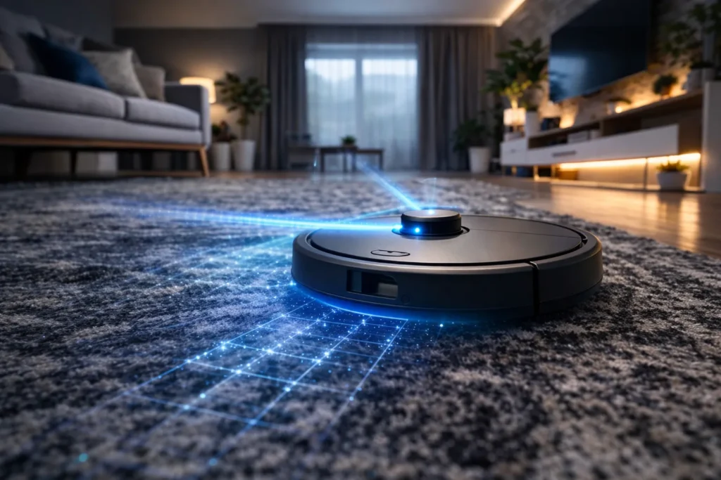 Il miglior robot aspirapolvere per chi ha animali (Il segreto hardware che i grandi brand non ti dicono) 4 Aspirapolvere robot su tappeto moderno.