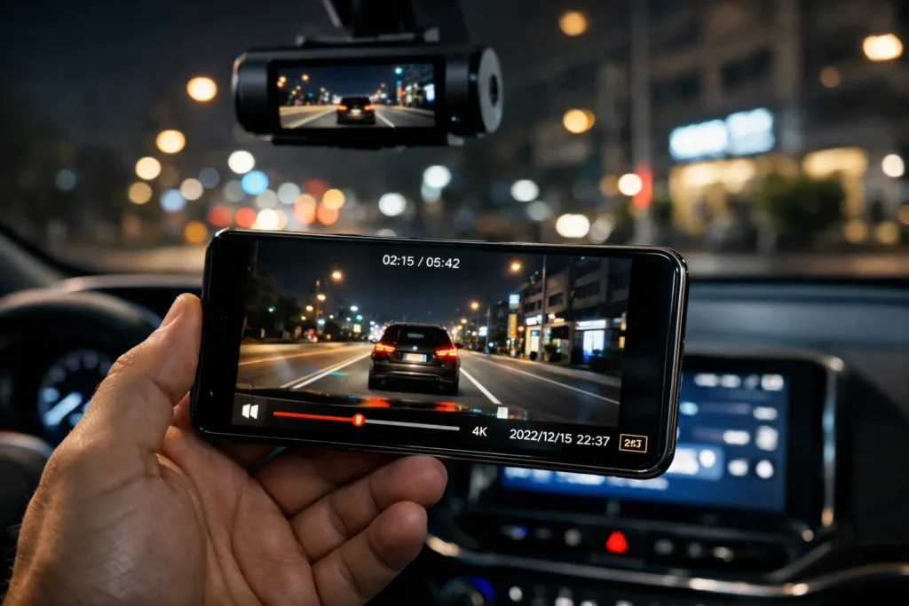 All'interno di un'auto moderna di notte. Una persona tiene in mano uno smartphone e sullo schermo viene riprodotto un nitido video 4K ripreso da una dash cam.