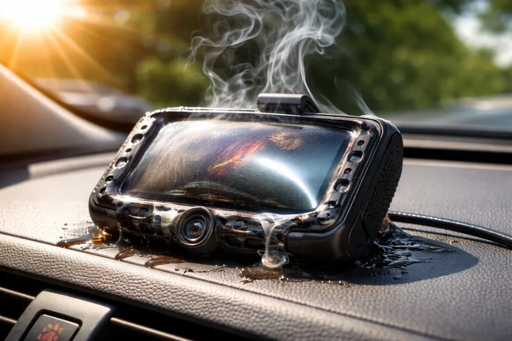 Primo piano di una dash cam economica in plastica fusa sul cruscotto di un'auto sotto il sole