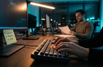 Professionista digita velocemente in un ufficio serale su una tastiera meccanica premium, rivelando il segreto interno per eliminare il rumore e non disturbare i colleghi.