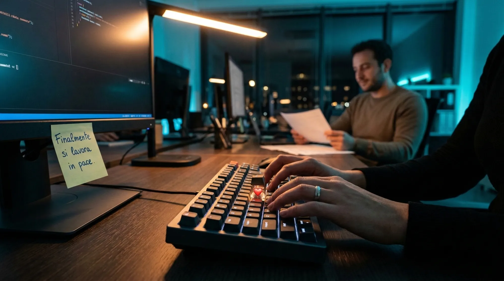 Professionista digita velocemente in un ufficio serale su una tastiera meccanica premium, rivelando il segreto interno per eliminare il rumore e non disturbare i colleghi.