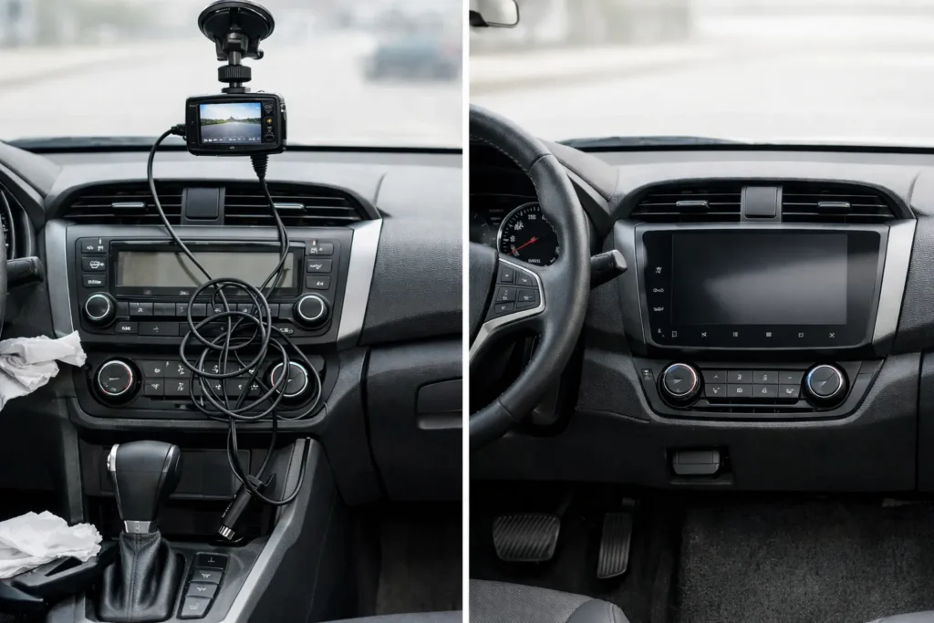 Schermo diviso a sinistra, un cruscotto disordinato con una dash cam economica e un grosso cavo nero aggrovigliato che pende dall'accendisigari