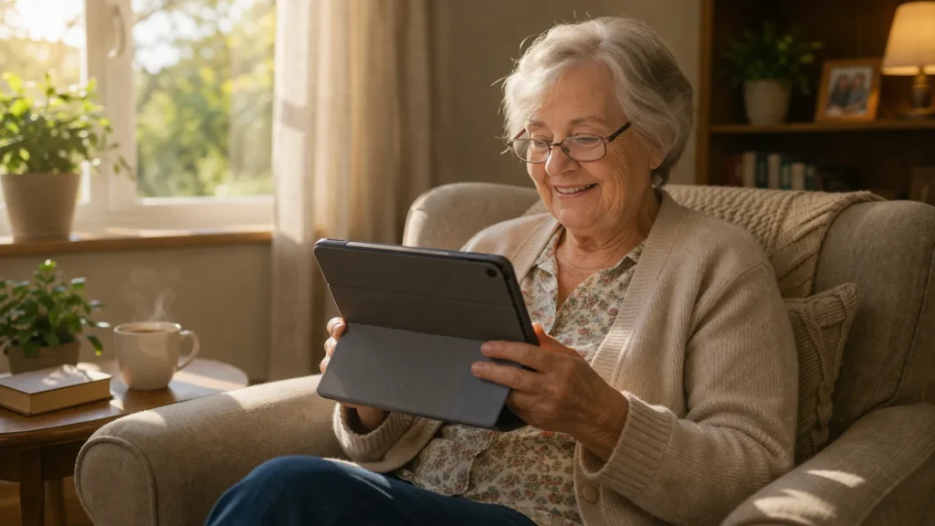 Tablet per anziani: quale comprare e come configurarlo prima di darlo 15 Anziano che legge su tablet in poltrona — uso quotidiano rilassante