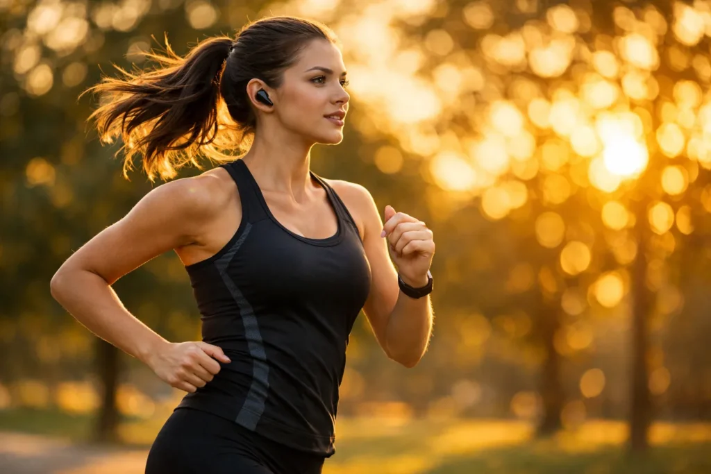 Auricolari bluetooth in-ear stabili utilizzati durante la corsa e lo sport