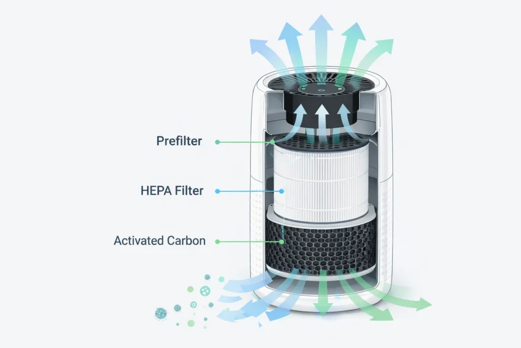 Differenza tra purificatore e deumidificatore: quale scegliere per la tua casa 4 Come funziona un purificatore d'aria — schema filtri HEPA e carbone attivo