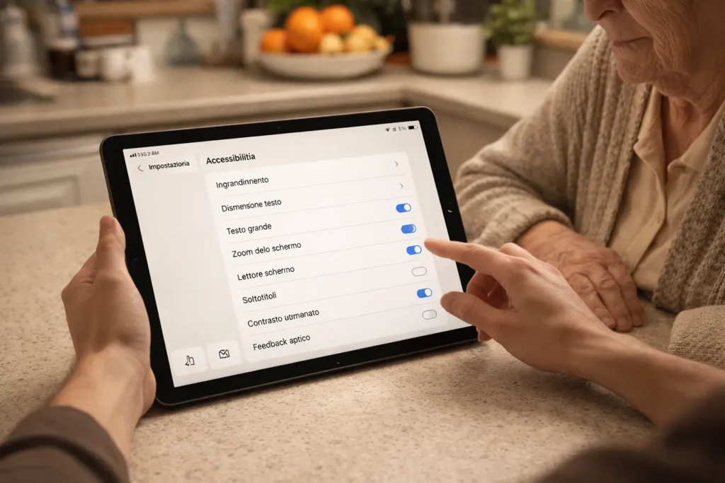 Tablet per anziani: quale comprare e come configurarlo prima di darlo 11 Configurazione tablet per anziano — impostazioni accessibilità e caratteri grandi