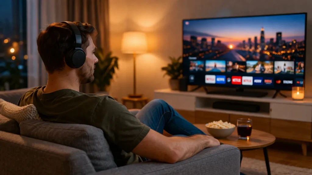 La differenza tra cuffie Bluetooth e Wireless che cambierà il tuo modo di ascoltare 6 Persona con cuffie wireless che guarda la TV in salotto