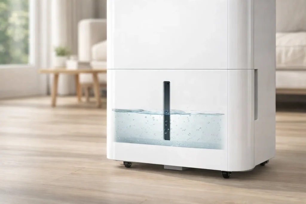 Differenza tra purificatore e deumidificatore: quale scegliere per la tua casa 5 Deumidificatore in funzione con serbatoio acqua visibile