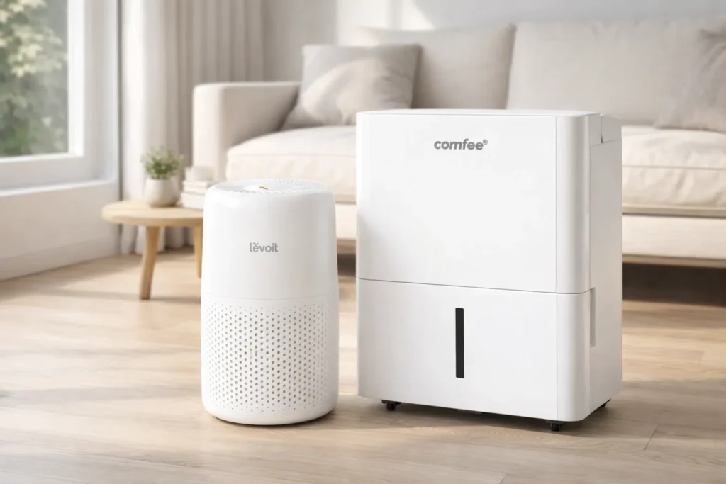 Differenza tra purificatore e deumidificatore: quale scegliere per la tua casa 1 Purificatore d'aria e deumidificatore a confronto in soggiorno