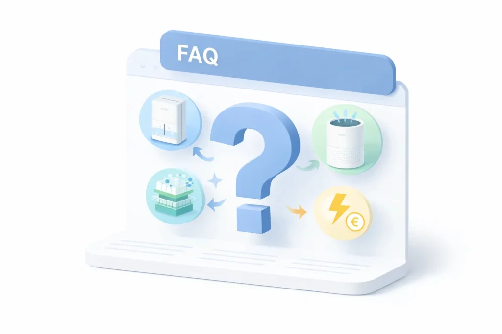 Differenza tra purificatore e deumidificatore: quale scegliere per la tua casa 13 Icone concettuali delle domande frequenti su purificatori e deumidificatori