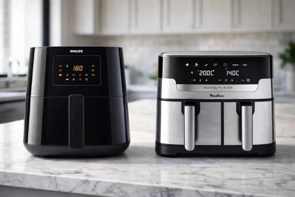 Friggitrice ad aria Philips e Moulinex a confronto su piano cucina