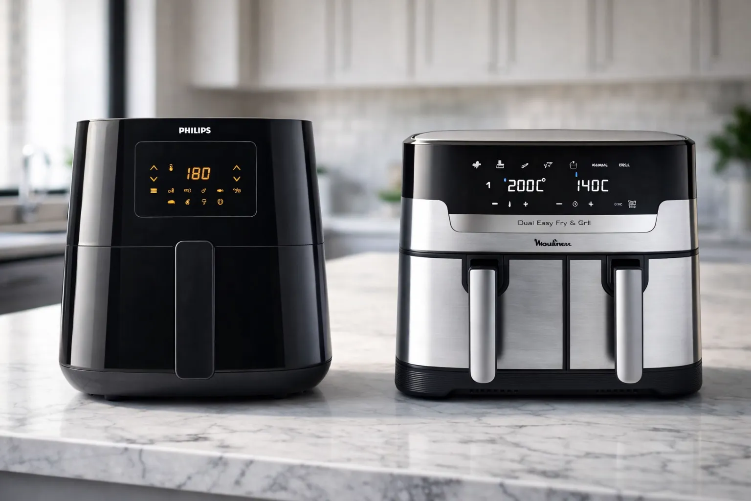 Friggitrice ad aria Philips e Moulinex a confronto su piano cucina