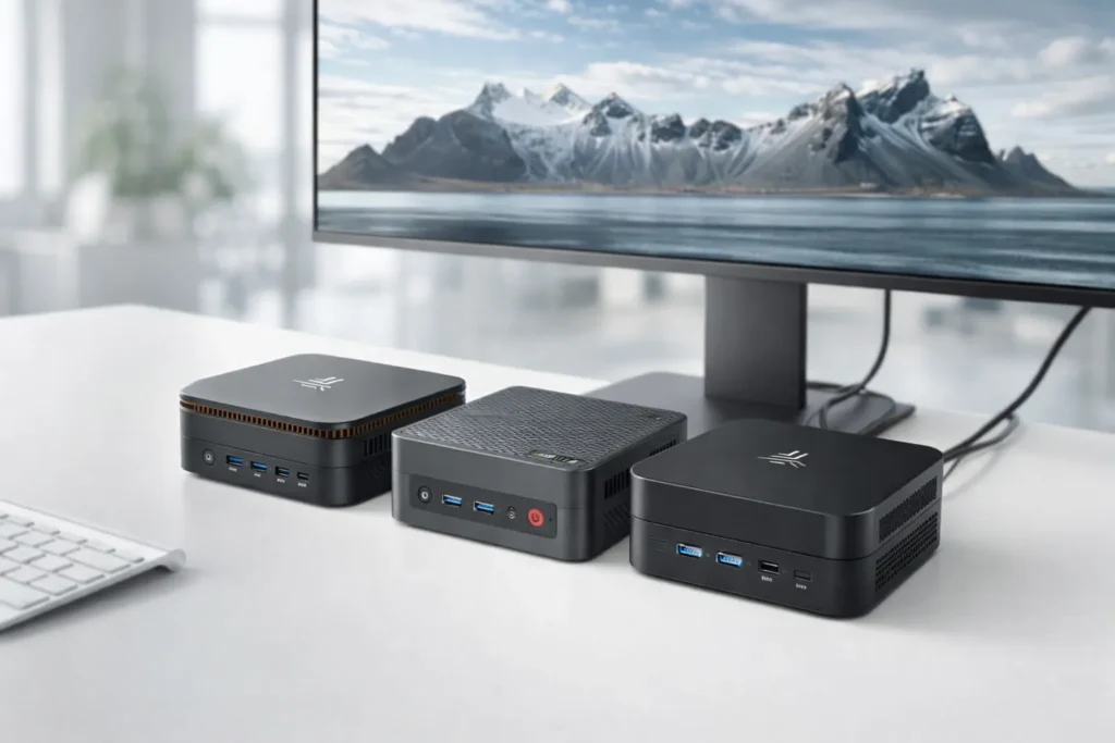 Qual è il miglior Mini PC sotto i 300 Euro? Guida e test 2026 1 Tre mini PC compatti sotto i 300 euro su scrivania da ufficio: NiPoGi Pinova P1, BOSGAME E4, NiPoGi AK1 Plus.