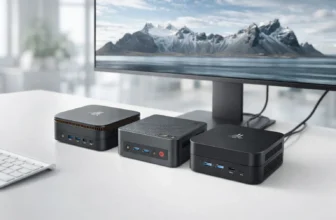 Tre mini PC compatti sotto i 300 euro su scrivania da ufficio: NiPoGi Pinova P1, BOSGAME E4, NiPoGi AK1 Plus.