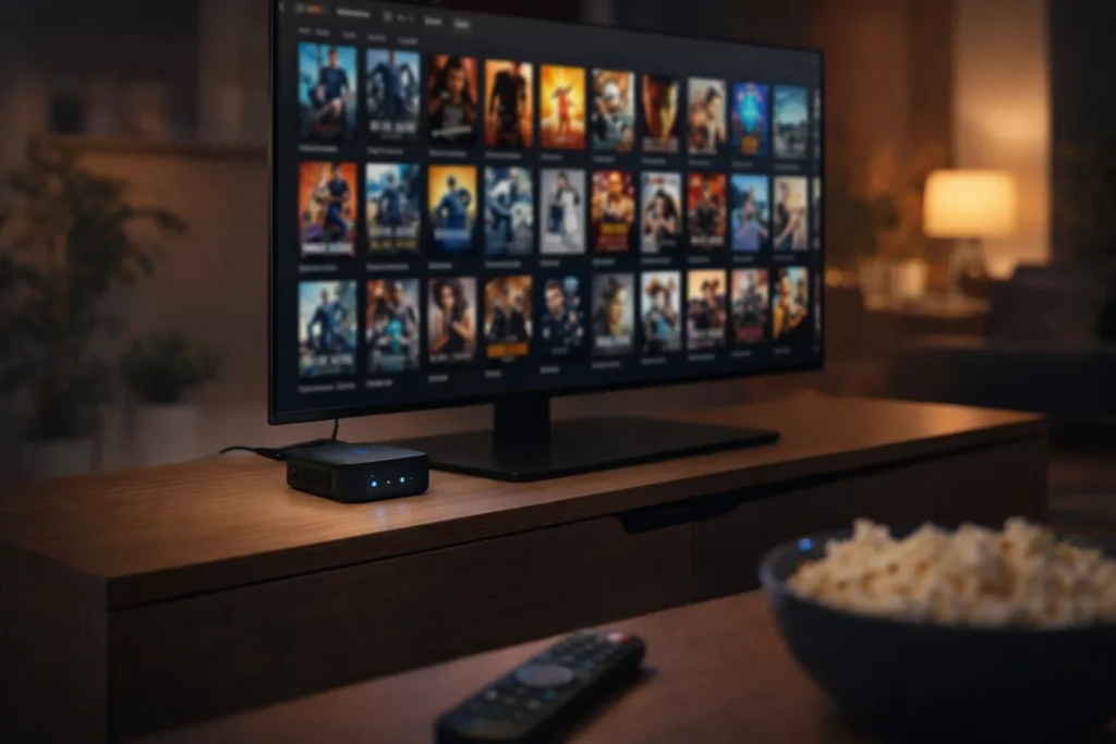 Qual è il miglior Mini PC sotto i 300 Euro? Guida e test 2026 11 Piccolo mini PC utilizzato come media center domestico collegato alla TV del salotto per guardare film in streaming.