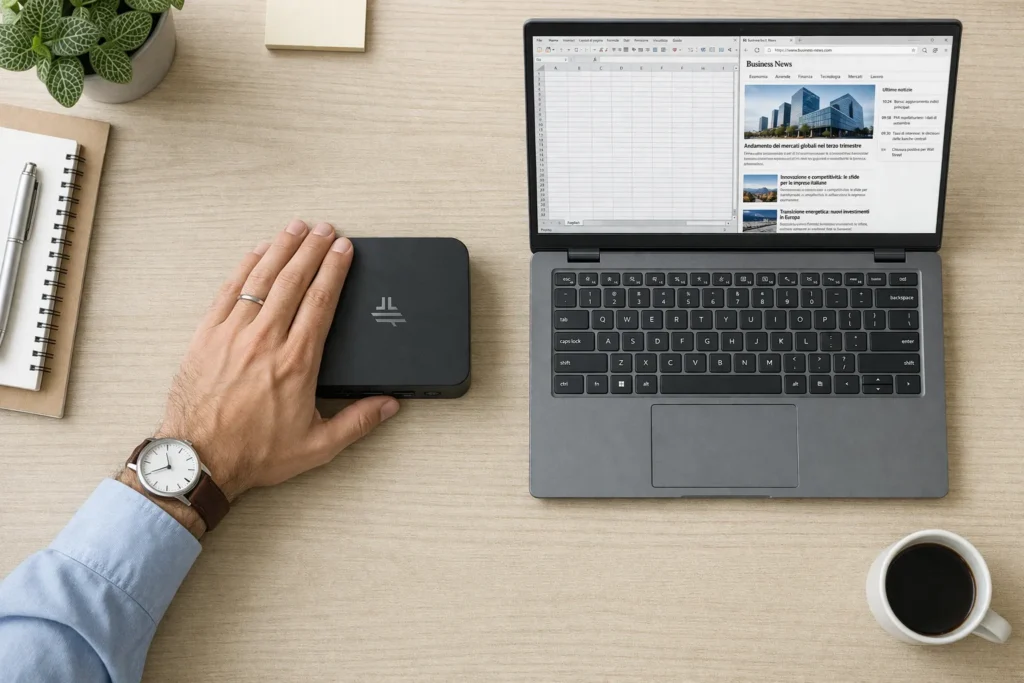 Qual è il miglior Mini PC sotto i 300 Euro? Guida e test 2026 6 Confronto visivo delle dimensioni tra un mini PC compatto e un portatile classico su una scrivania.