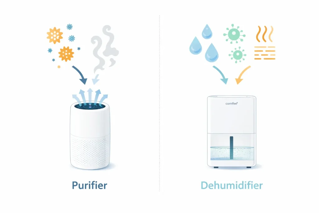 Differenza tra purificatore e deumidificatore: quale scegliere per la tua casa 6 Quando serve il purificatore e quando il deumidificatore — guida visiva