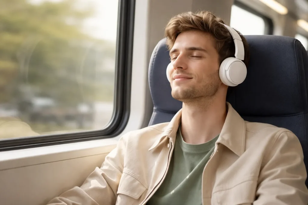Un ragazzo in treno che ascolta musica con un paio di cuffie on-ear