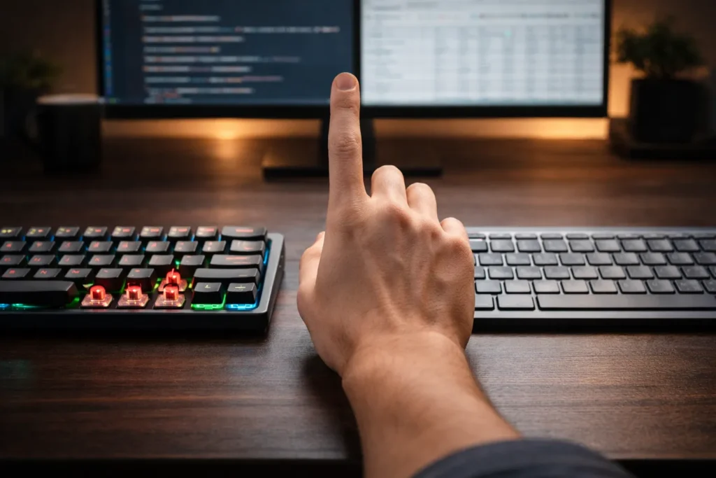 Tastiera meccanica o a membrana: quale scegliere davvero nel 2026 11 Mano esita nella scelta finale tra una tastiera meccanica compatta con switch rossi e una tastiera a membrana ultrasottile su scrivania