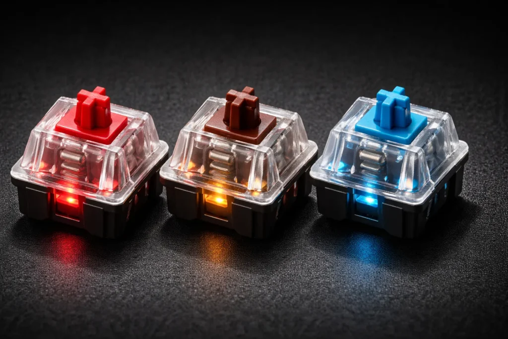 Tastiera meccanica o a membrana: quale scegliere davvero nel 2026 4 Switch meccanici Cherry MX rosso, marrone e blu — differenze tipologie