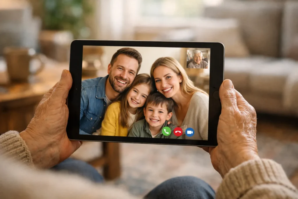 Tablet per anziani: quale comprare e come configurarlo prima di darlo 1 Anziano che usa tablet per videochiamata con la famiglia