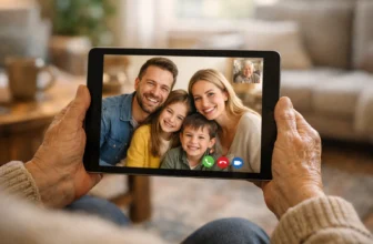 Anziano che usa tablet per videochiamata con la famiglia
