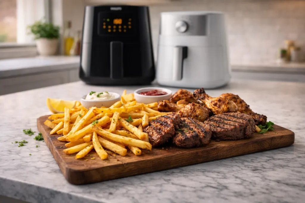 Verdetto finale friggitrice ad aria: tagliere misto con patatine dorate e carne grigliata