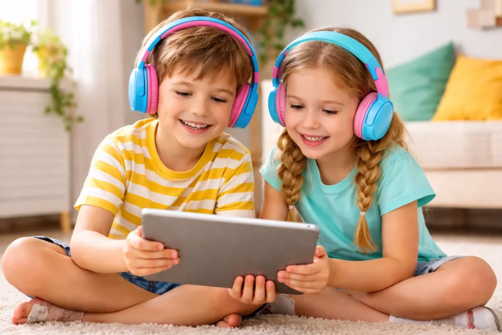 Cuffie Bluetooth per Bambini: Guida Completa per Proteggere l'Udito 12 Bambini con cuffie bluetooth che usano il tablet — uso quotidiano