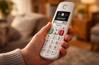 Anziano che usa telefono fisso con tasti grandi — cordless per anziani