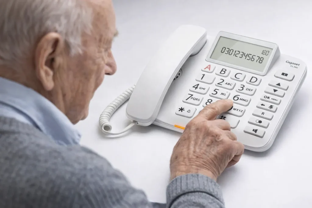 Un anziano che compone un numero su un telefono fisso con tasti grandi e visibili