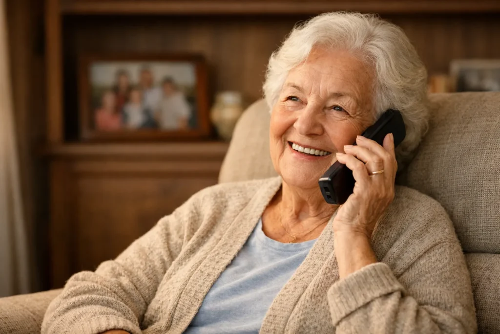 Anziano al telefono con la famiglia &mdash; comunicazione semplice e sicura