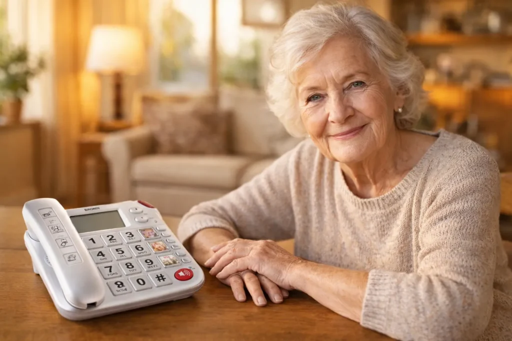 Anziano sereno e rassicurato con il nuovo telefono fisso a tasti grandi &mdash; sicurezza in casa