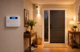 Kit allarme casa senza abbonamento installato — tastierino, sensore e telecamera