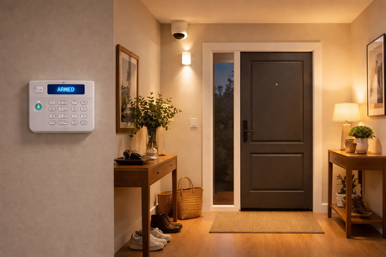 Kit allarme casa senza abbonamento installato — tastierino, sensore e telecamera