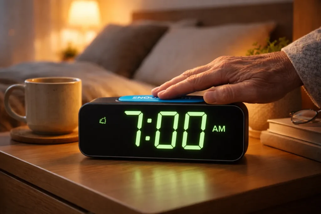 Anziano che preme il tasto della sveglia parlante per sentire l'ora