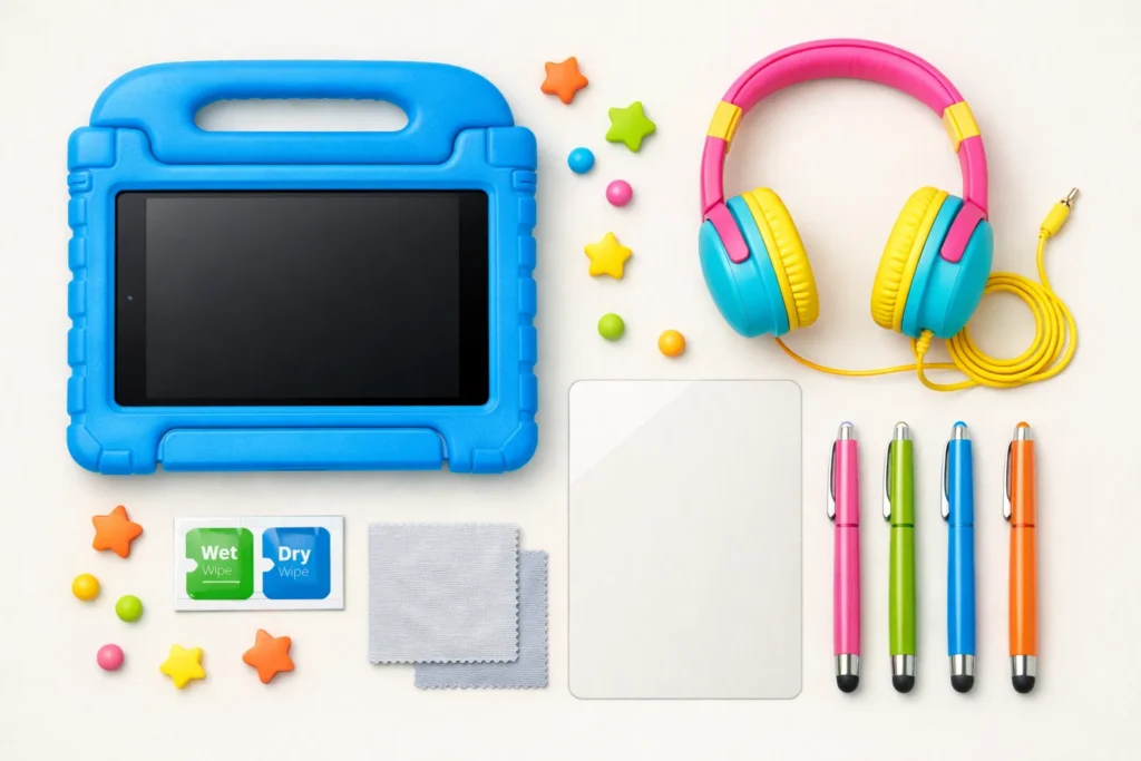 Accessori per tablet bambini: custodia, cuffie con limite volume, pennino